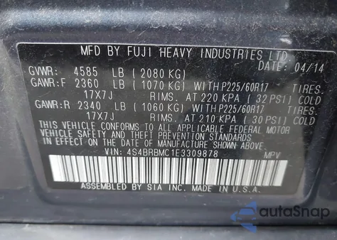 2014 Subaru Outback 2.5I Limited from USA, damaged, VIN 4S4BRBMC1E3309878